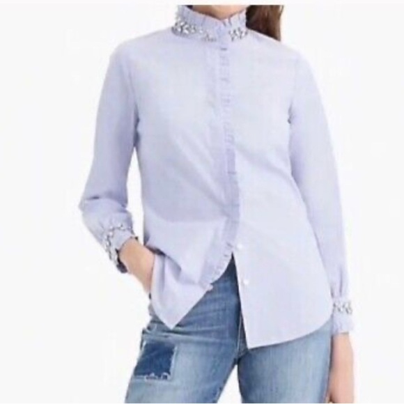 J. Crew Blue 3/4 Sleeve Ruffled Button Down Shirt - Picture 1 of 15